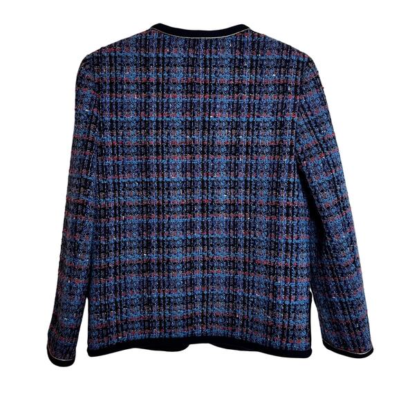 Sandro Women’s Tweed Bouclé Jacket M Blue Plaid Gold Buttons Preppy Classic Chic - Picture 2 of 14